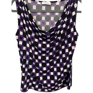 Calvin Klein XL purple abstract design draped cowl neck sleeveless silky top